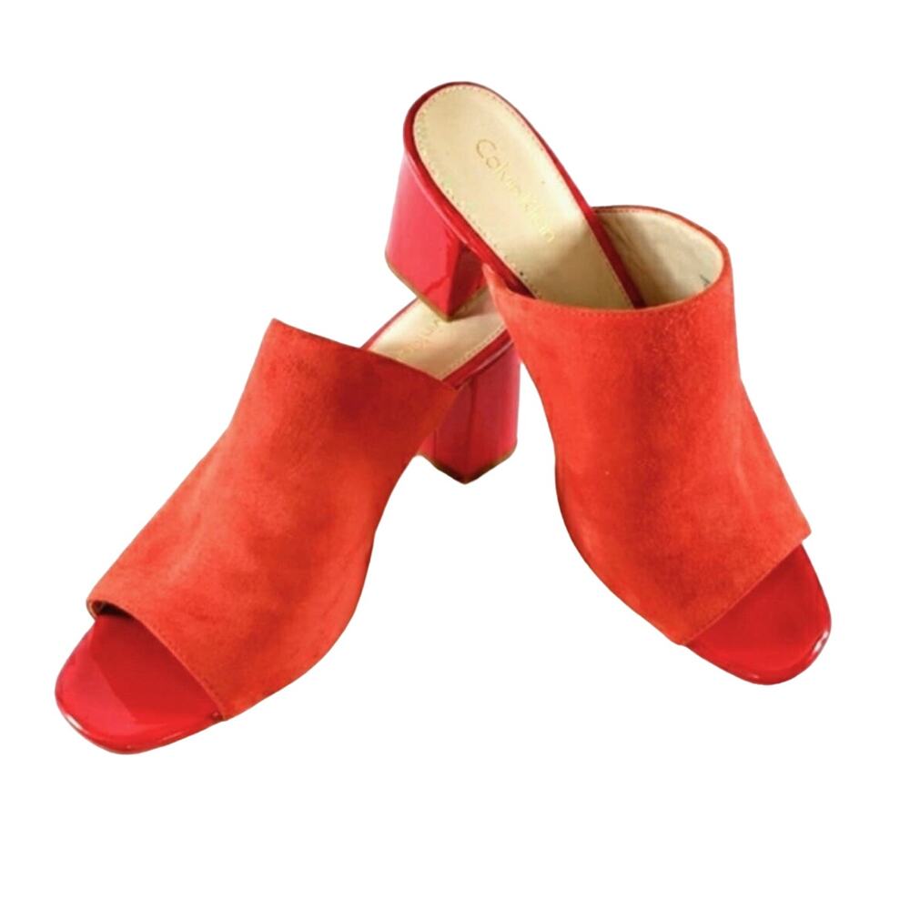 Calvin Klein Clementine Suede Patent Slip On Peep Toe Mules Heels Size 9.5